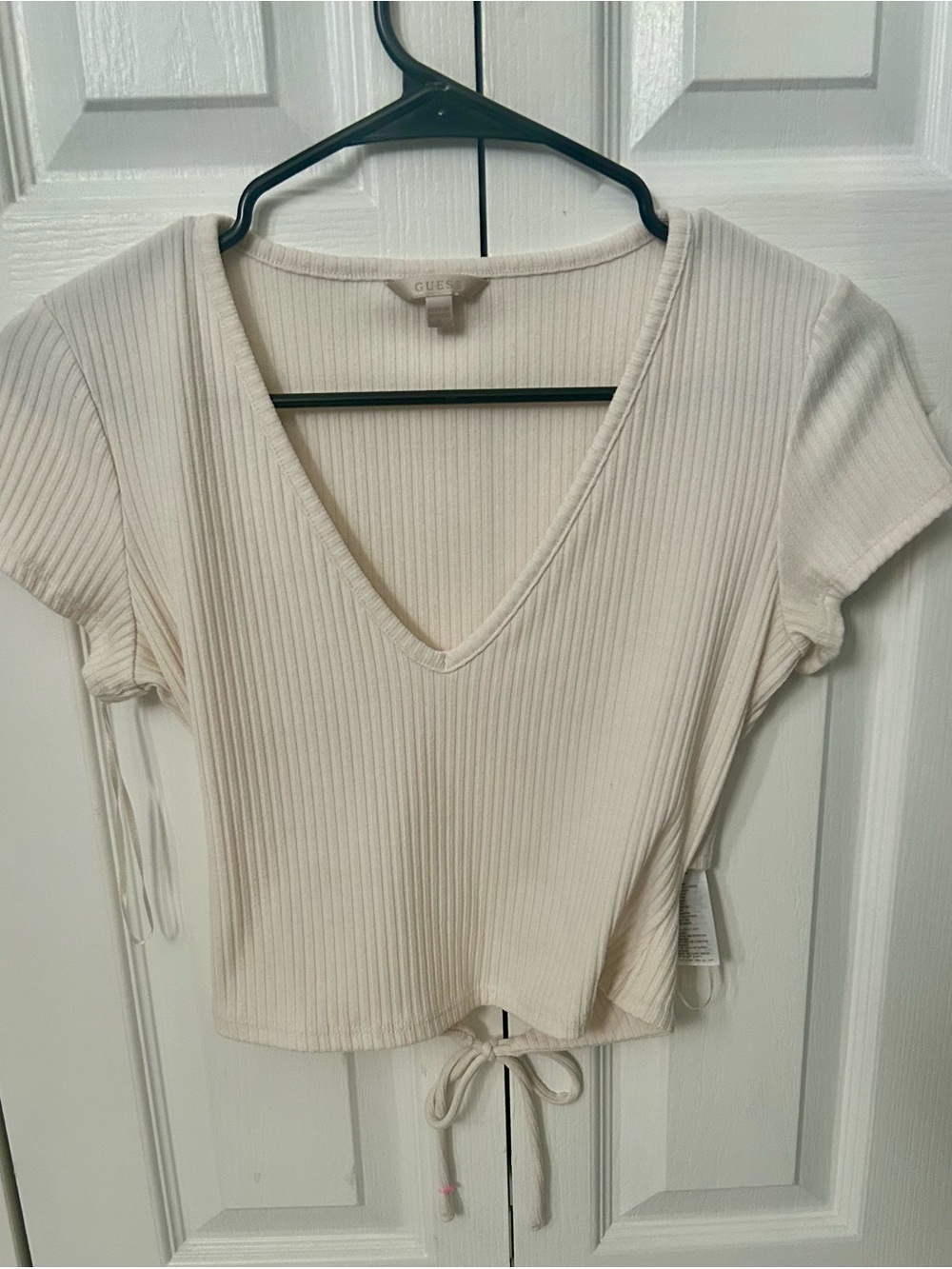 GUESS Cream Ribbed V-Neck Tie-Front Crop Top